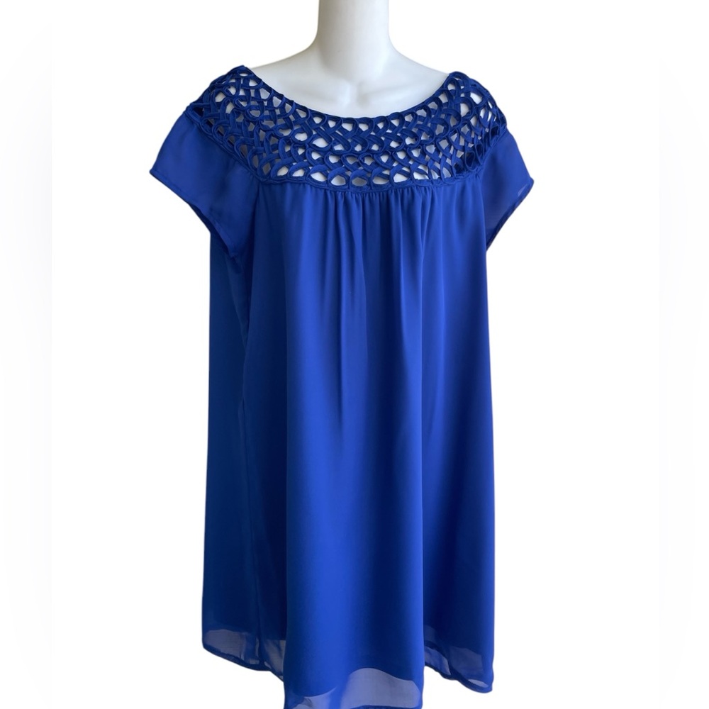 Hot & Delicious Royal Blue Flowy Chiffon Dress Latice Neckline Back Zip Ladies L